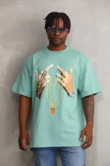 Unisex Baskılı Oversize T-Shirt - Mint Yeşili