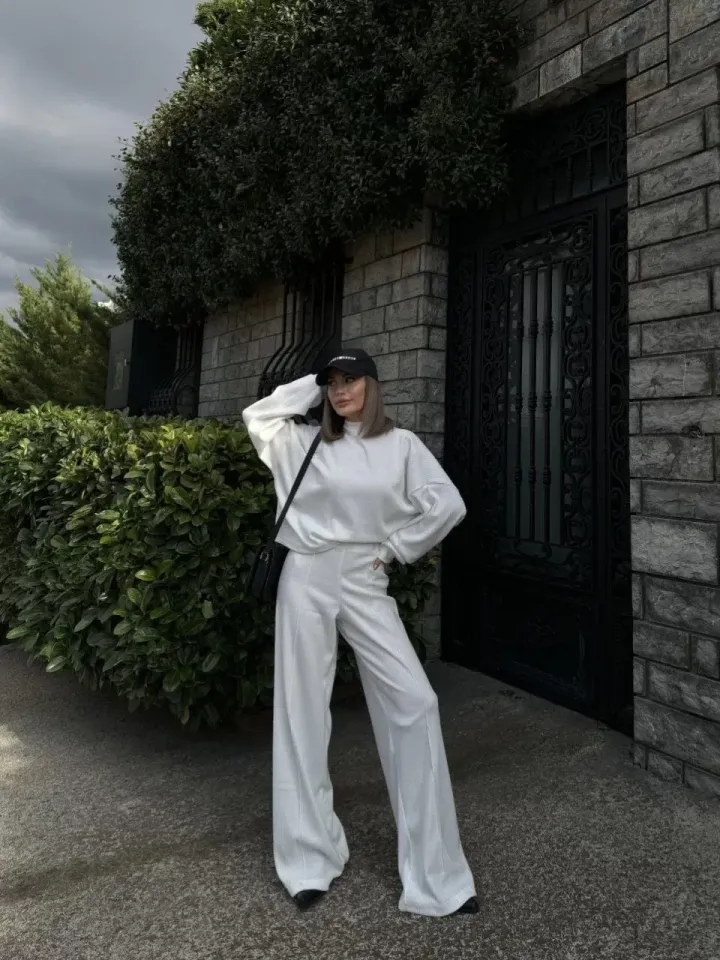 Crop, Pantolon Fitilli İkili Takım -Beyaz