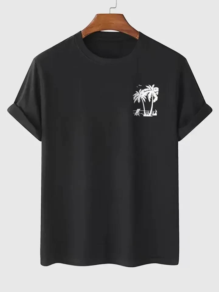 20/1 Penye Compack Palmiye Ön Baskılı Oversize Bisiklet Yaka Kısa Kol Yazlık T-shirt - Siyah