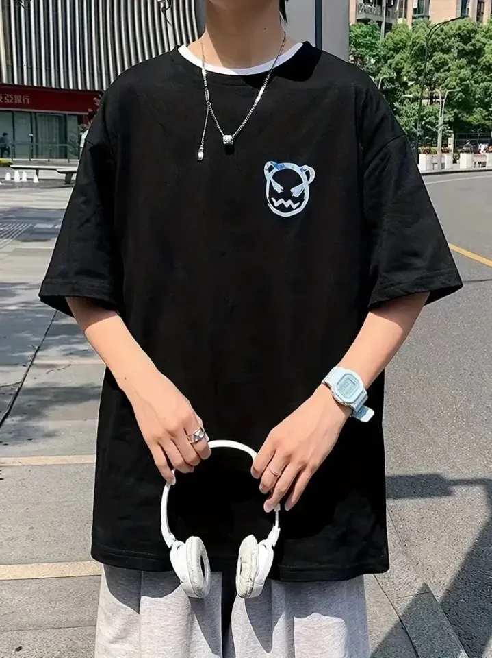 20/1 Penye Compack Bisiklet Yaka Kore tarzı sevimli ayı baskı Kısa Kol Erkek t-shirt - Siyah