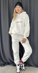 Nakış İşlemeli Üç İplik Sweat Takım- Beyaz