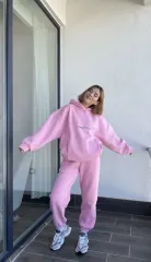Nakış İşlemeli Üç İplik Sweat Takım- Pembe