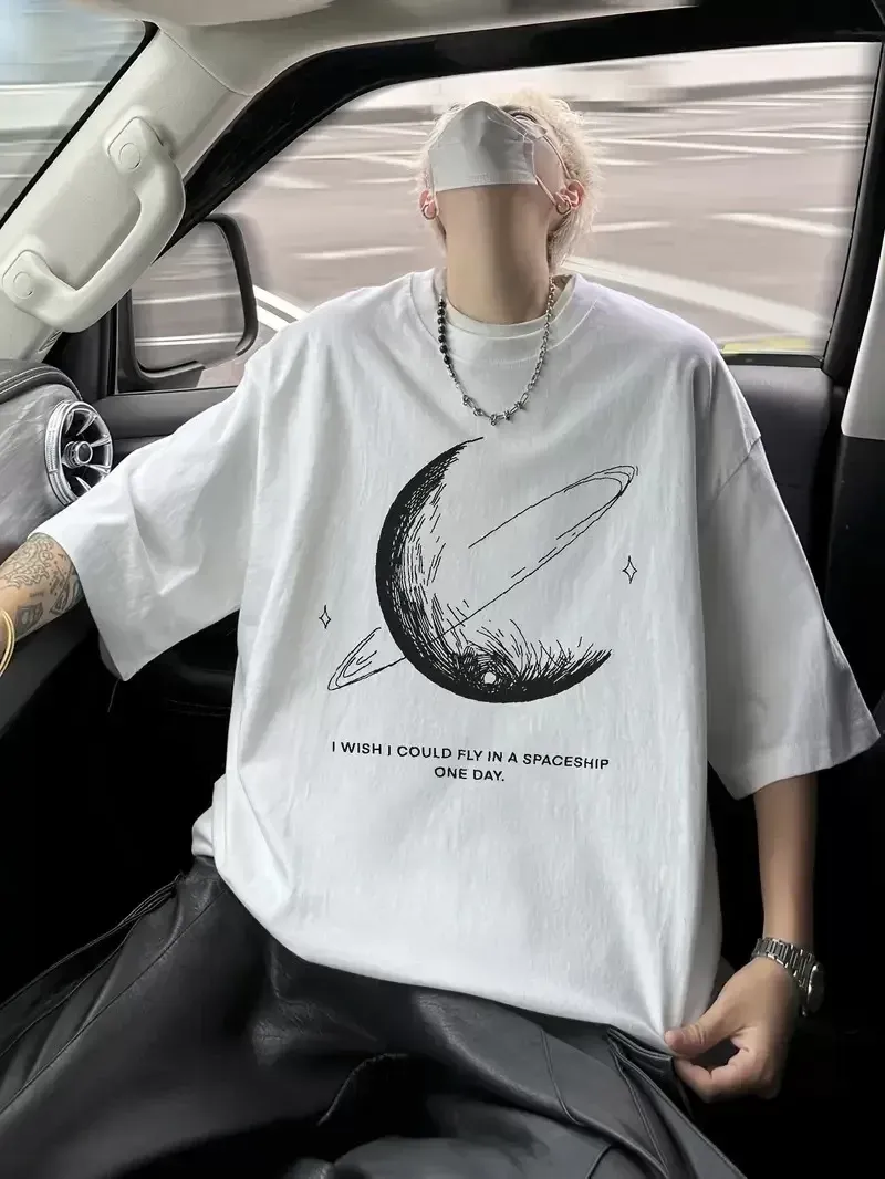 Erkekler için Siyah Tişört Grafik Genç Emo Vintage Gotik Rahat Büyük Beden Kısa Kollu Tişört Giysi Üst - Beyaz