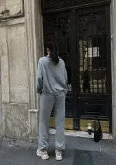 Yıkamalı iki iplik Kumaş  Yakalı Fermuarlı Oversize  Eşofman Takımı - Gri