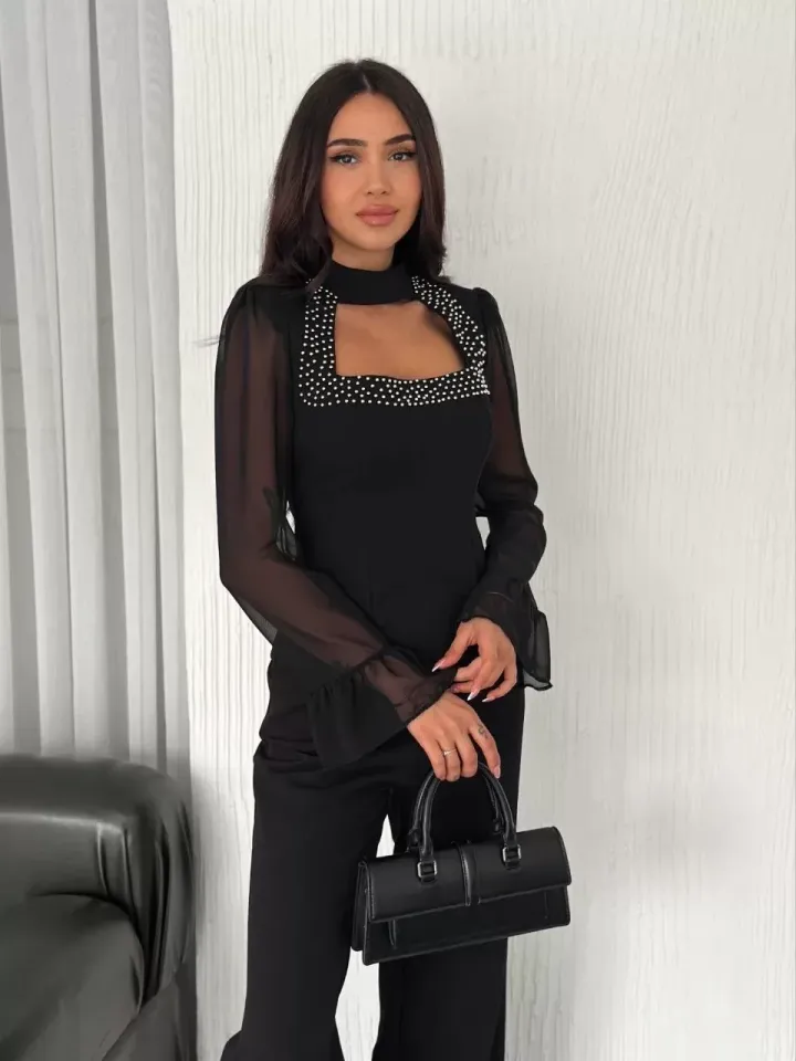 Penye Uzun Kollu Kadın Kolları Şifon Göğüste İnci Boncuk detaylı Bluz - Siyah
