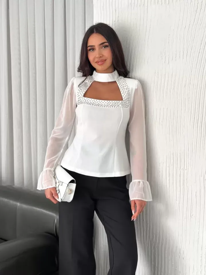 Penye Uzun Kollu Kadın Kolları Şifon Göğüste İnci Boncuk detaylı Bluz - Beyaz