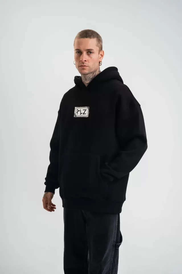 Unisex Kapşonlu Uzun Kol Patchli Nakışlı SweatShirt - Siyah