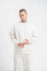 Unisex Uzun Kol Bisiklet Yaka Yıkamalı SweatShirt - Beyaz