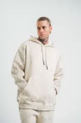 Unisex Double Oversize Kapşonlu Yıkamalı SweatShirt - Krem