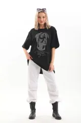 Unisex Taş Desenli Oversize T-Shirt - Siyah
