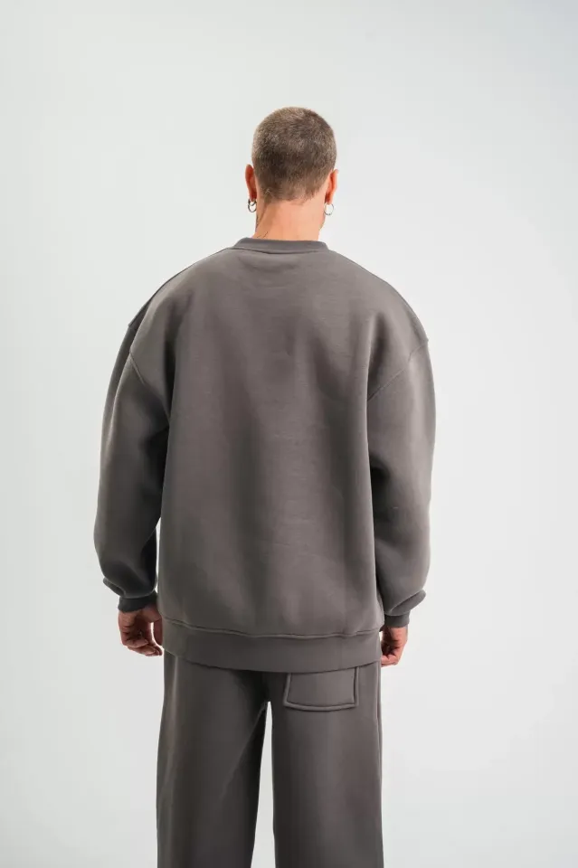 Uzun Kol Bisiklet Yaka Basic SweatShirt - Füme