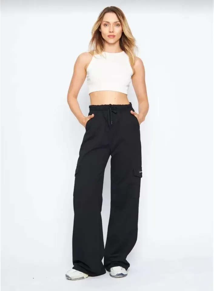 Kargo Cepli Palazzo Oversize Kesim İki iplik Bol Paça Eşofman Altı Pantalon - Siyah