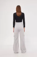 Kargo Cepli Palazzo Oversize Kesim İki iplik Bol Paça Eşofman Altı Pantalon - Gri