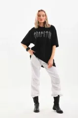 Unisex Taş Desenli Oversize T-Shirt - Siyah