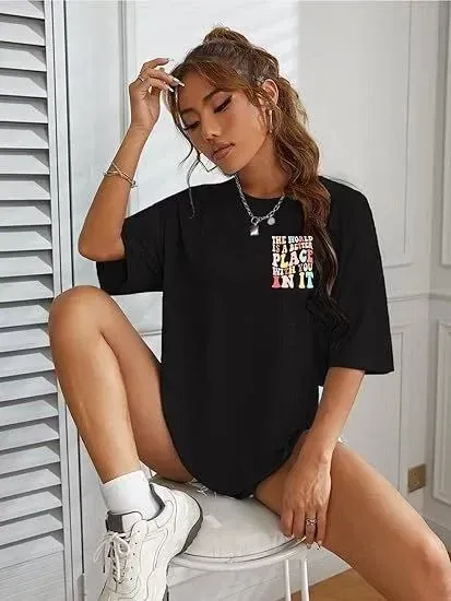 Kadın Bisiklet Yaka Baskılı T-shirt - Siyah