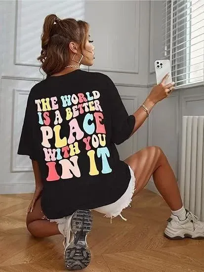 Kadın Bisiklet Yaka Baskılı T-shirt - Siyah