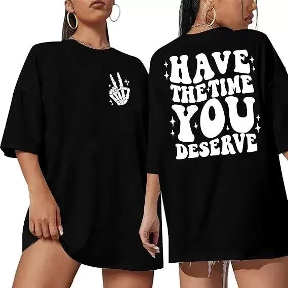 Kadın Bisiklet Yaka Kısa Kol Baskılı T-shirt - Siyah