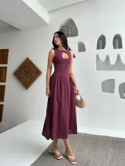 Kolsuz Uzun Kabardin Elbise - Bordo