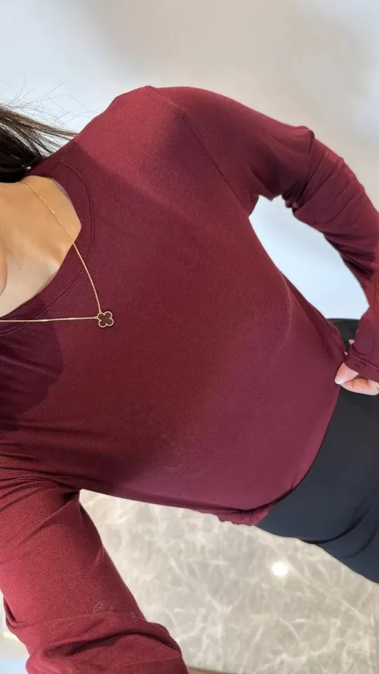 Bisiklet Yaka Uzun Kollu Crop - Bordo