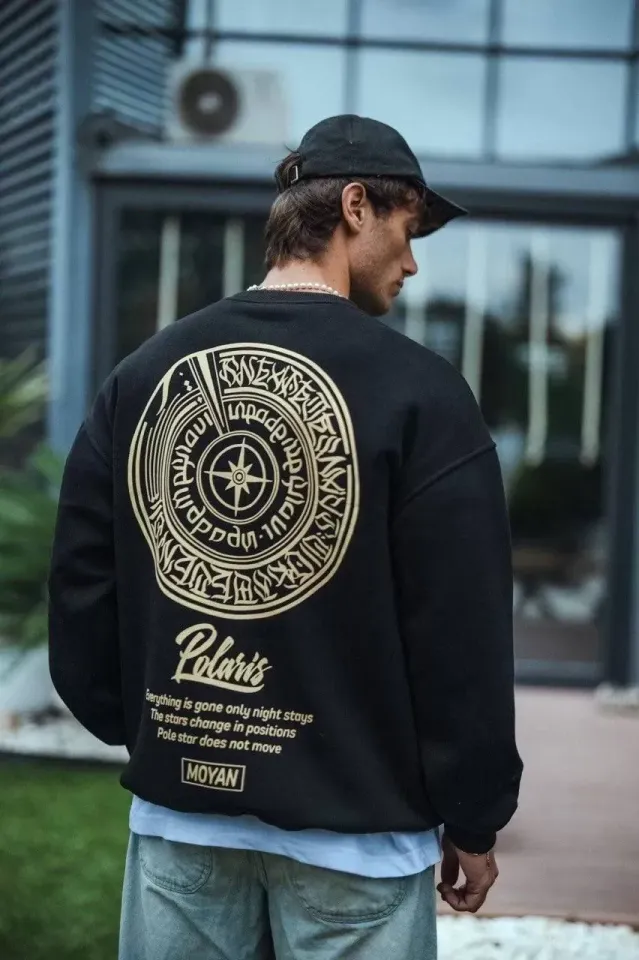 Kışlık Bisiklet Yaka Ön Ve Arka Baskılı SweatShirt - Siyah