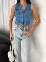 Kot Jeans Kadın Yelek - Mavi