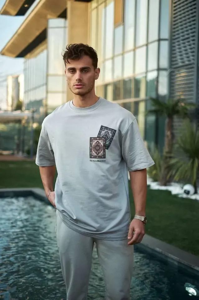 Unisex Bisiklet Yaka Baskılı Oversize T-Shirt - Boyalı Gri