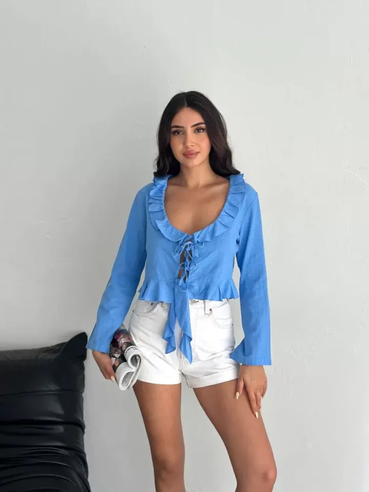 Keten Uzun Kol Bağacık Detaylı Bluz - Mavi