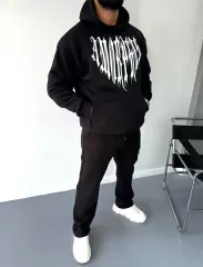 Uzun Kol Kapüşonlu Baskılı SweatShirt - Siyah