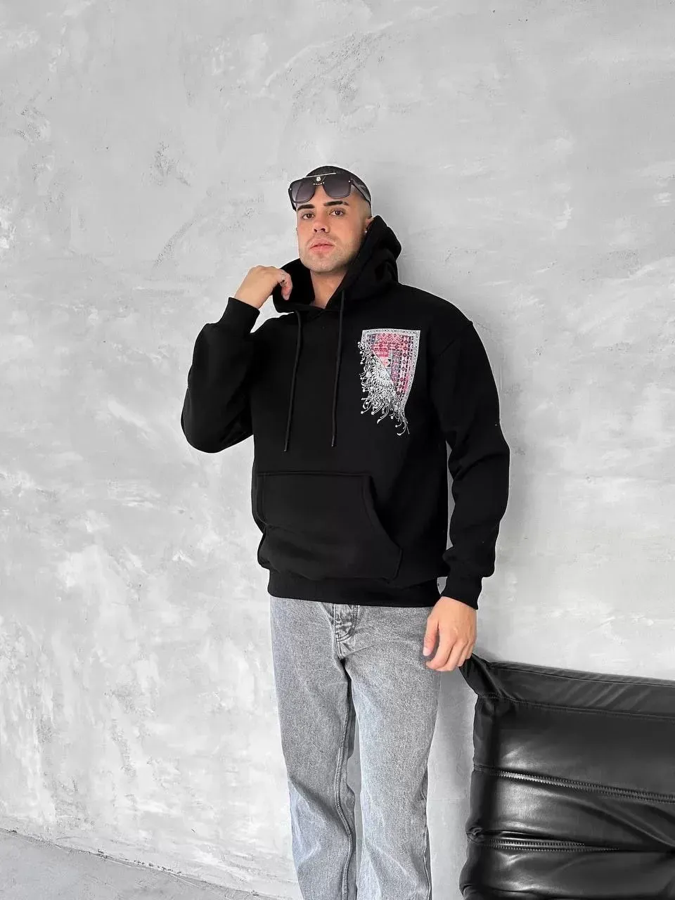 Uzun Kol Kapüşonlu Ön Ve Arka Baskılı SweatShirt - Siyah