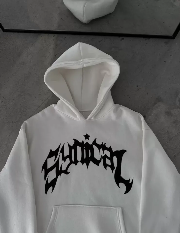 Kışlık Kapüşonlu Baskılı Oversize SweatShirt- Beyaz