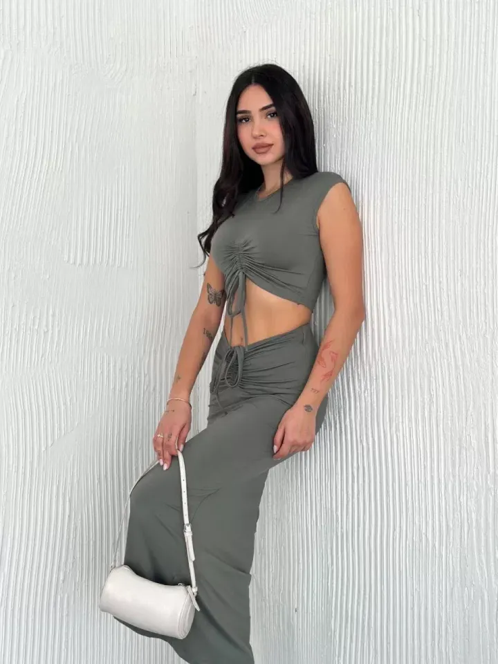 Osy Modal Yumuşak Dokulu Kumaş Büzgülü Crop Etek Takım - Mint yeşili