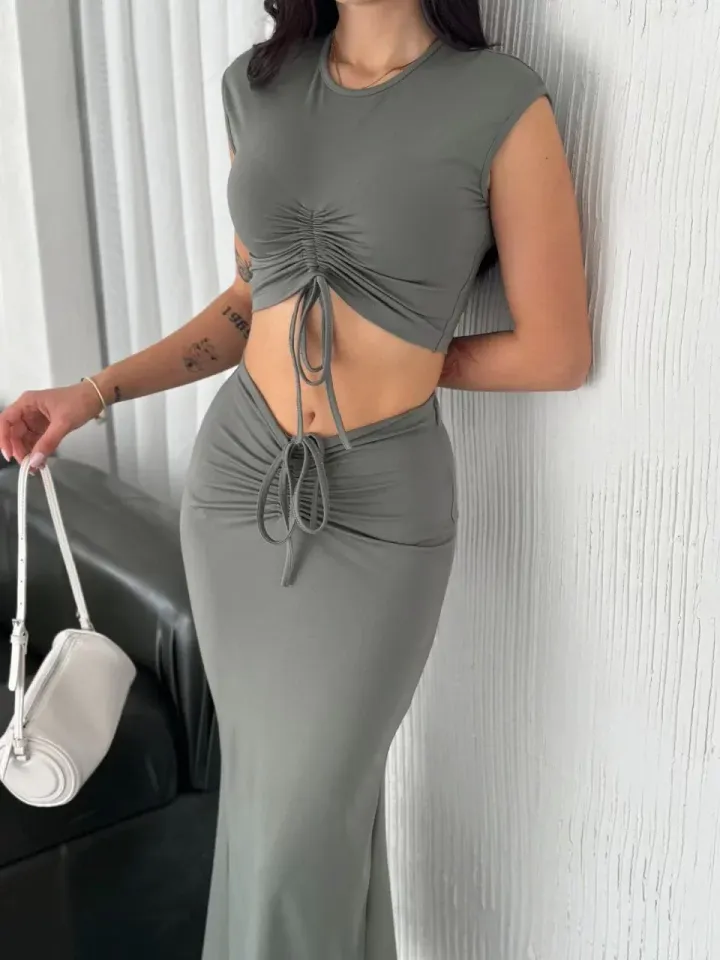 Osy Modal Yumuşak Dokulu Kumaş Büzgülü Crop Etek Takım - Mint yeşili