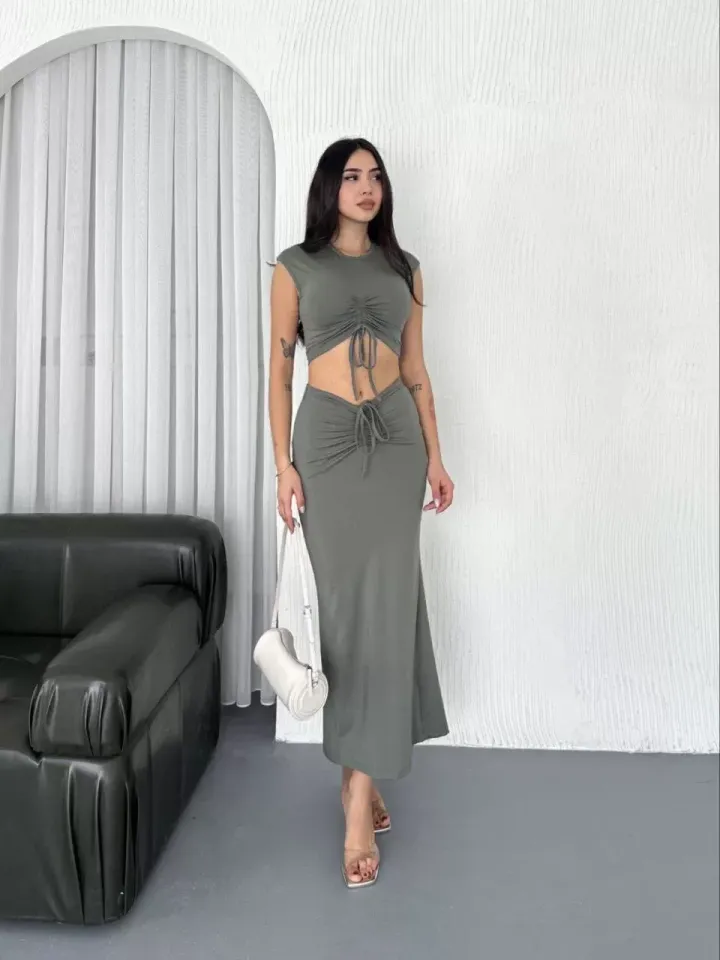 Osy Modal Yumuşak Dokulu Kumaş Büzgülü Crop Etek Takım - Mint yeşili