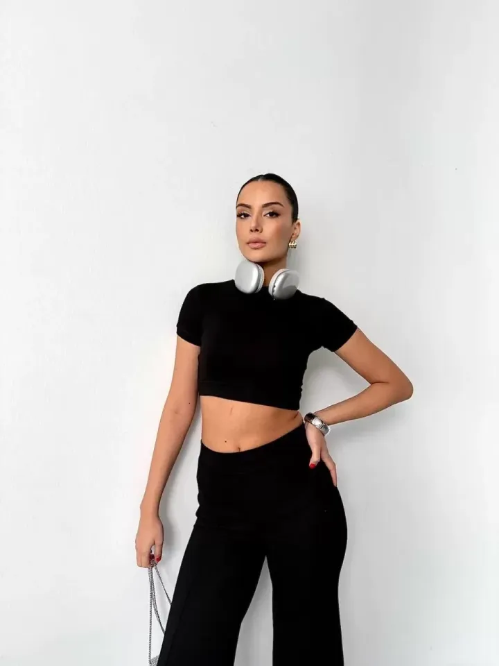 Osy Modal Yumuşak Dokulu Kumaş Kısa Kollu Crop Alt ispanyol Paça Pantalon ikili Takım - Siyah