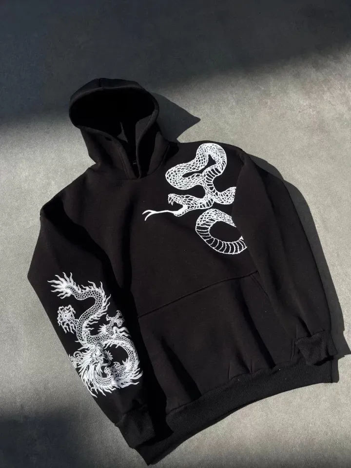 Uzun Kol Kapüşonlu Baskılı SweatShirt - Siyah