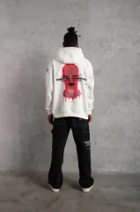 Erkek Maske Baskılı Kapüşonlu Sweat - Beyaz