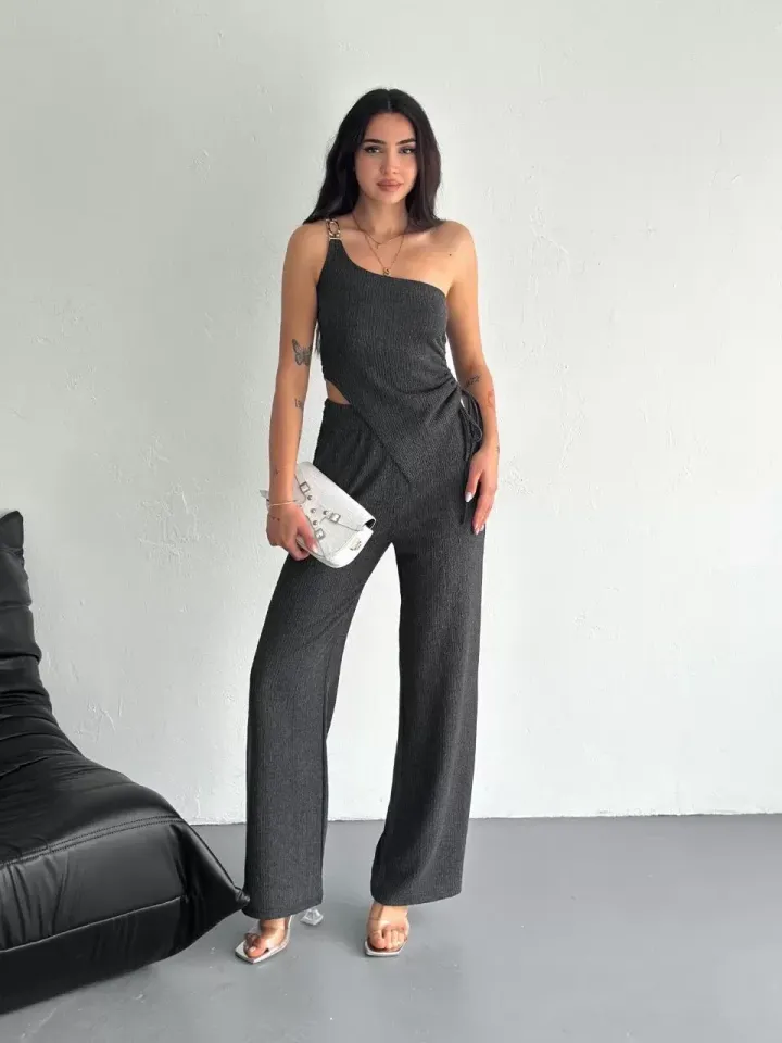 Asimetrik Crop Pantalon ikili Takım - Füme