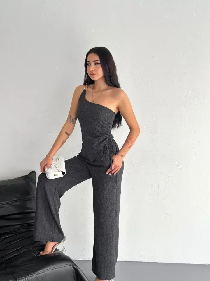 Asimetrik Crop Pantalon ikili Takım - Füme