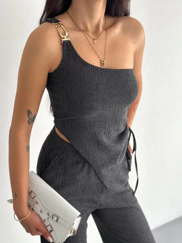 Asimetrik Crop Pantalon ikili Takım - Füme