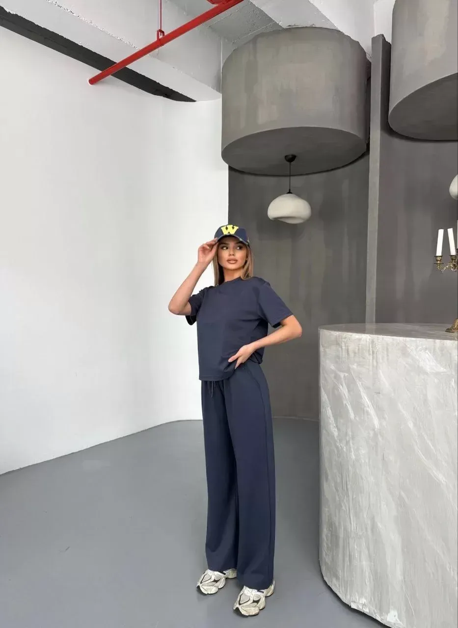 Osy Modal Yumuşak Dokulu Kumaş Kısa Kollu Bluz Rahat Pantalon ikili Takım- Füme