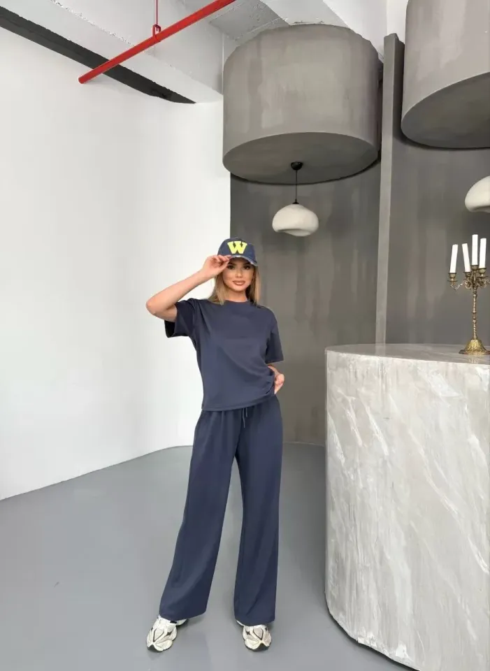 Osy Modal Yumuşak Dokulu Kumaş Kısa Kollu Bluz Rahat Pantalon ikili Takım- Füme