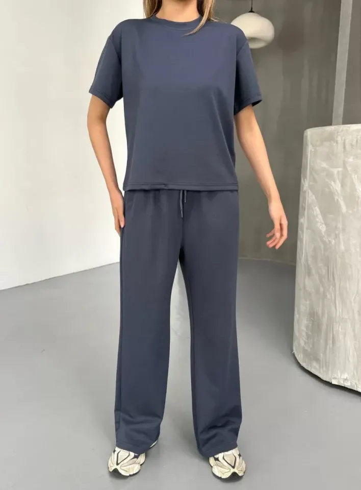 Osy Modal Yumuşak Dokulu Kumaş Kısa Kollu Bluz Rahat Pantalon ikili Takım- Füme