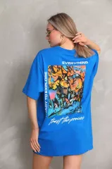 Unisex Bisiklet Yaka Baskılı Oversize T-Shirt - Mavi
