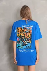 Unisex Bisiklet Yaka Baskılı Oversize T-Shirt - Mavi