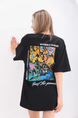 Unisex Bisiklet Yaka Baskılı Oversize T-Shirt - Siyah