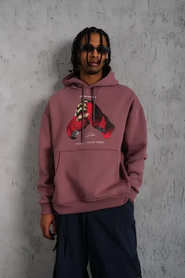 Erkek Eldiven Baskılı Kapüşonlu Sweat - Gül Kurusu
