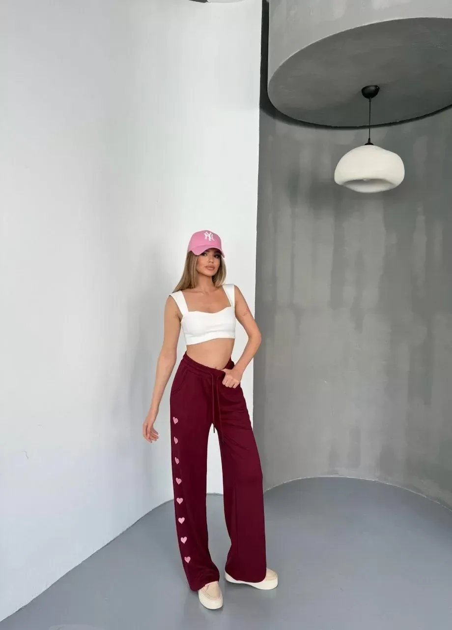 Osy Modal Yumuşak Dokulu Kumaş Nakış işlemeli Rahat Bol Paça Eşofman Pantalon - Bordo