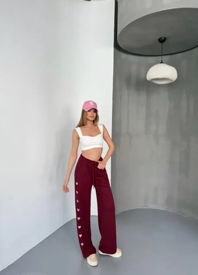 Osy Modal Yumuşak Dokulu Kumaş Nakış işlemeli Rahat Bol Paça Eşofman Pantalon - Bordo