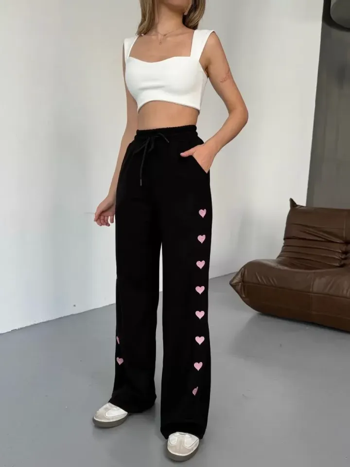 Osy Modal Yumuşak Dokulu Kumaş Nakış işlemeli Rahat Bol Paça Eşofman Pantalon - Siyah