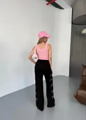 Osy Modal Yumuşak Dokulu Kumaş Nakış işlemeli Rahat Bol Paça Eşofman Pantalon - Siyah